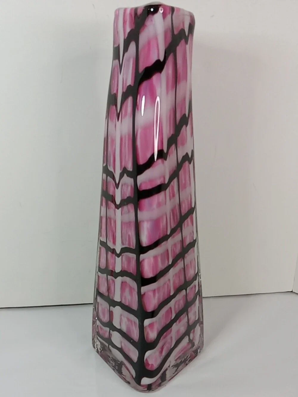 Handblown Large Stylish Pink BLack White Patterned Grid Print Glass Vase Whimsy
